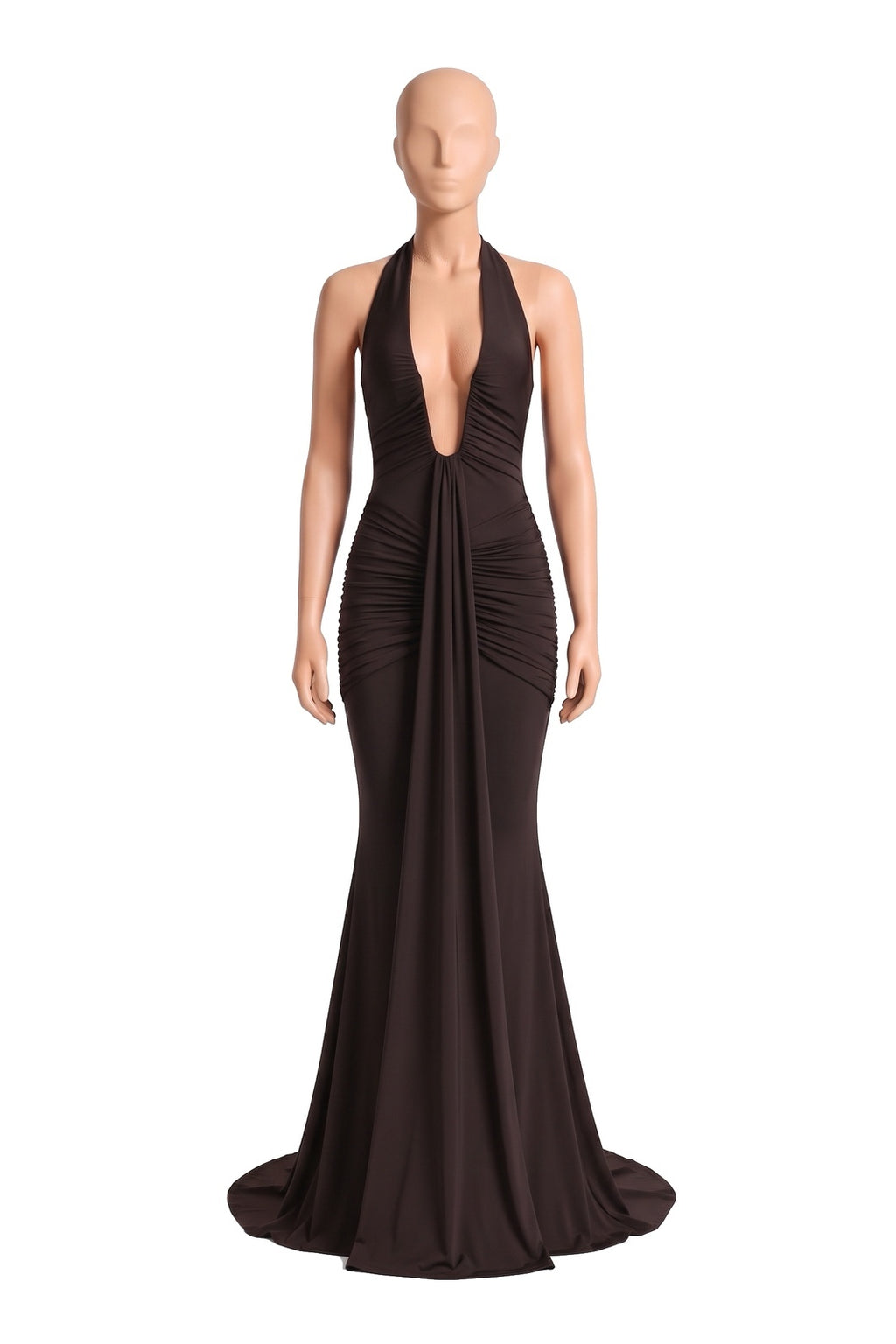 The Halter Mermaid Maxi Dress in coffee, shown on a display form