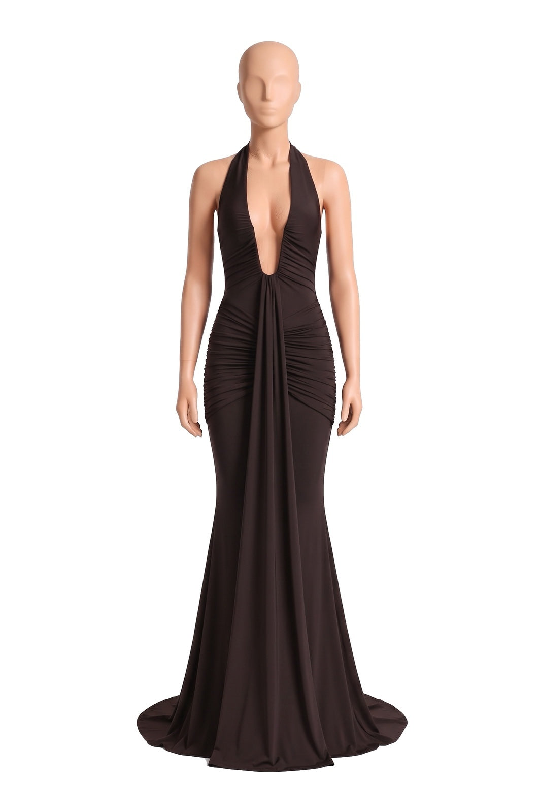 The Halter Mermaid Maxi Dress in coffee, shown on a display form