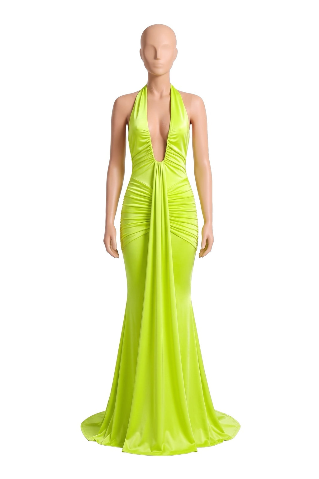 The Halter Mermaid Maxi Dress in green, shown on a display form