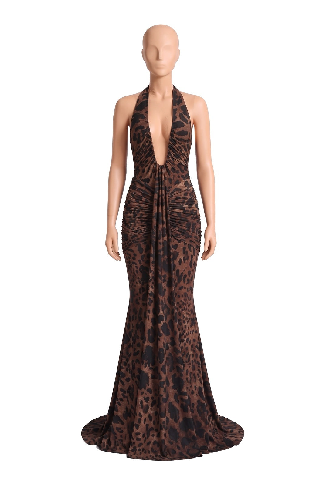 The Halter Mermaid Maxi Dress in leopard, shown on a display form