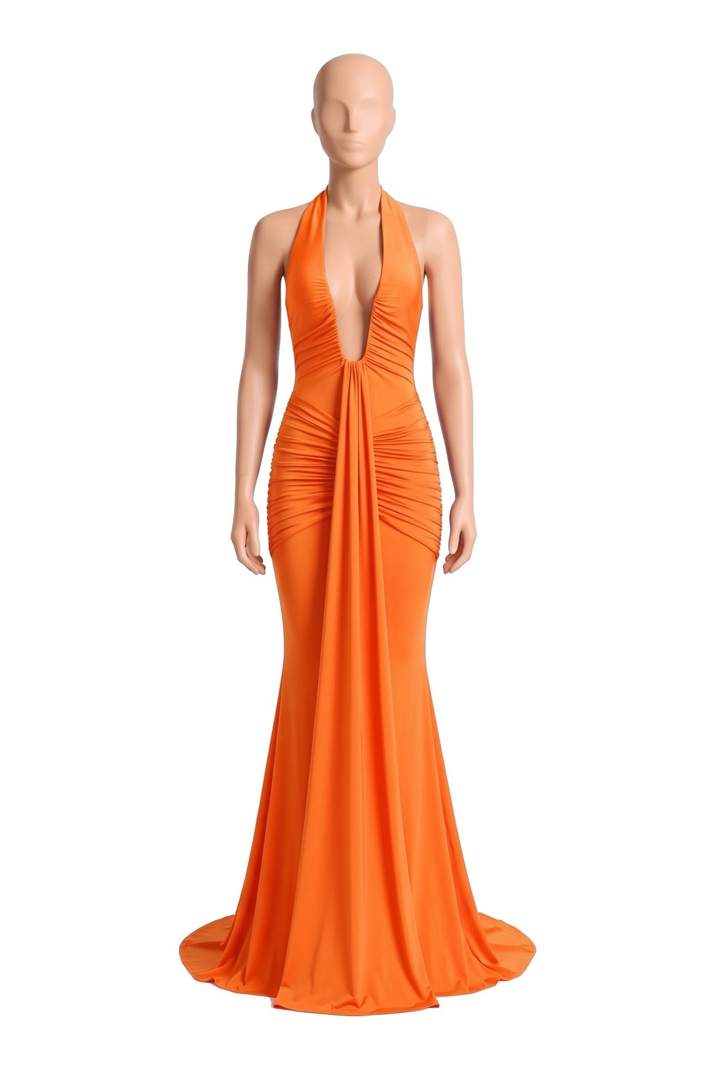 The Halter Mermaid Maxi Dress in orange, shown on a display form