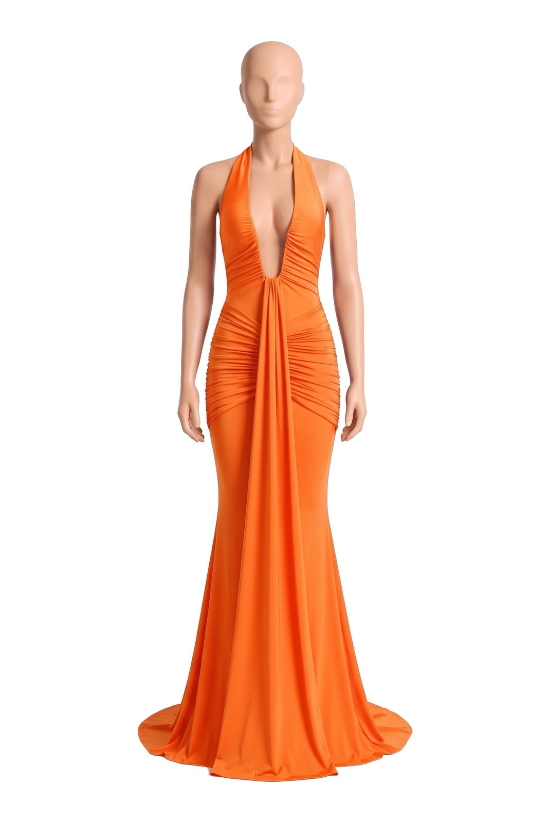 The Halter Mermaid Maxi Dress in orange, shown on a display form