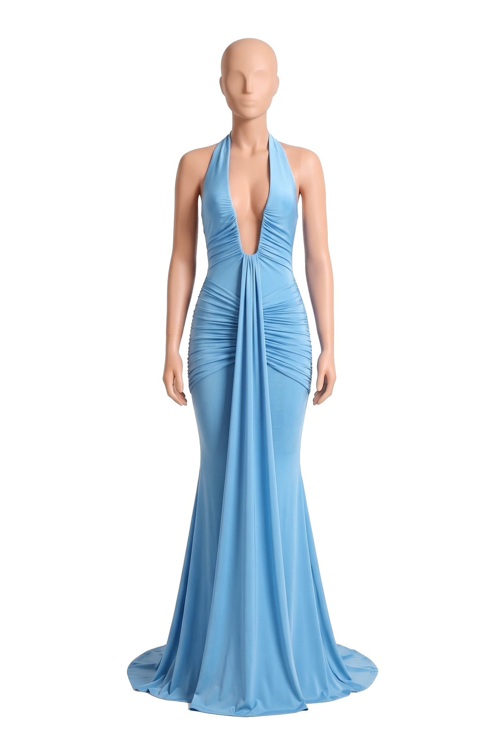 The Halter Mermaid Maxi Dress in sky blue, shown on a display form