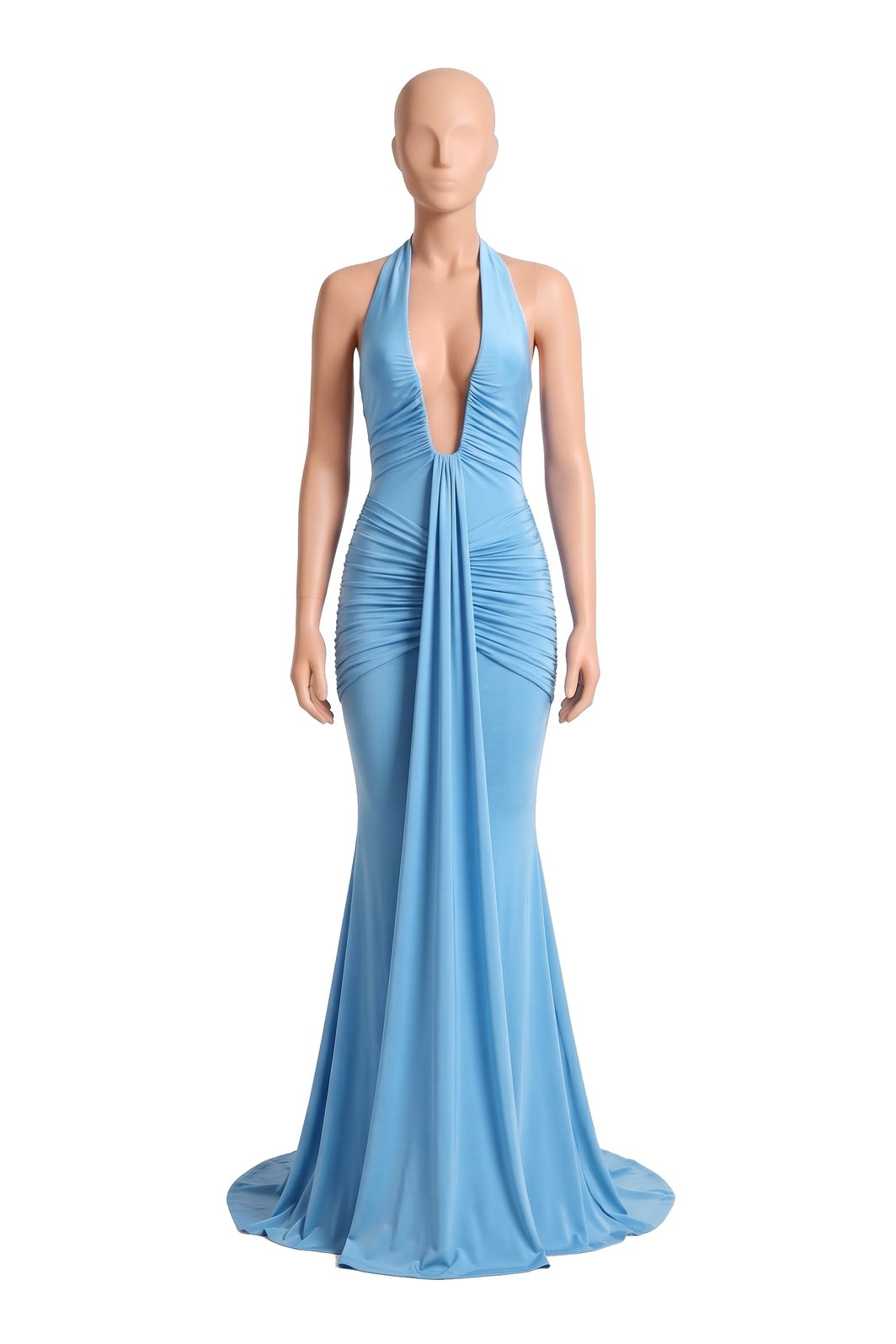 The Halter Mermaid Maxi Dress in sky blue, shown on a display form