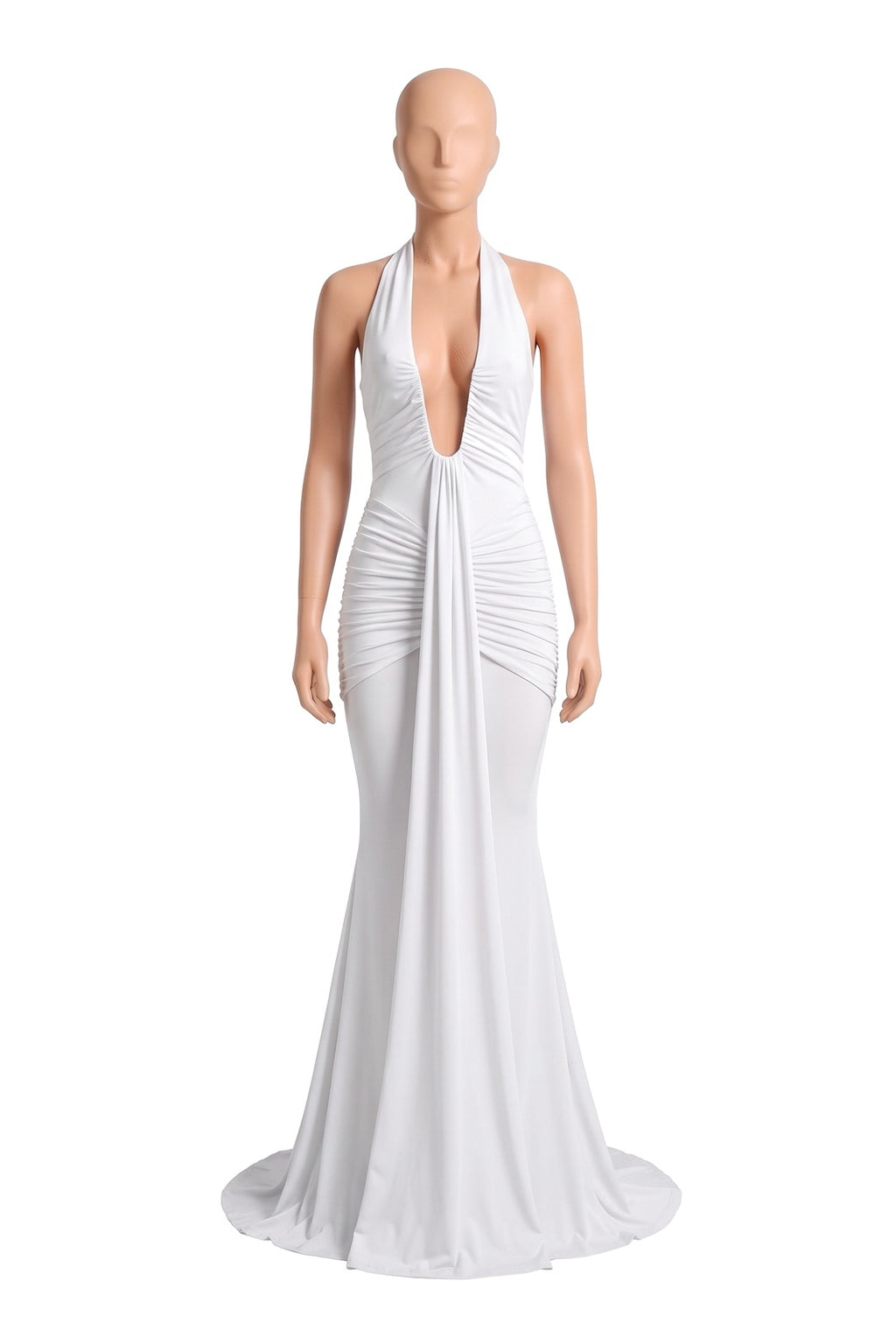 The Halter Mermaid Maxi Dress in white, shown on a display form