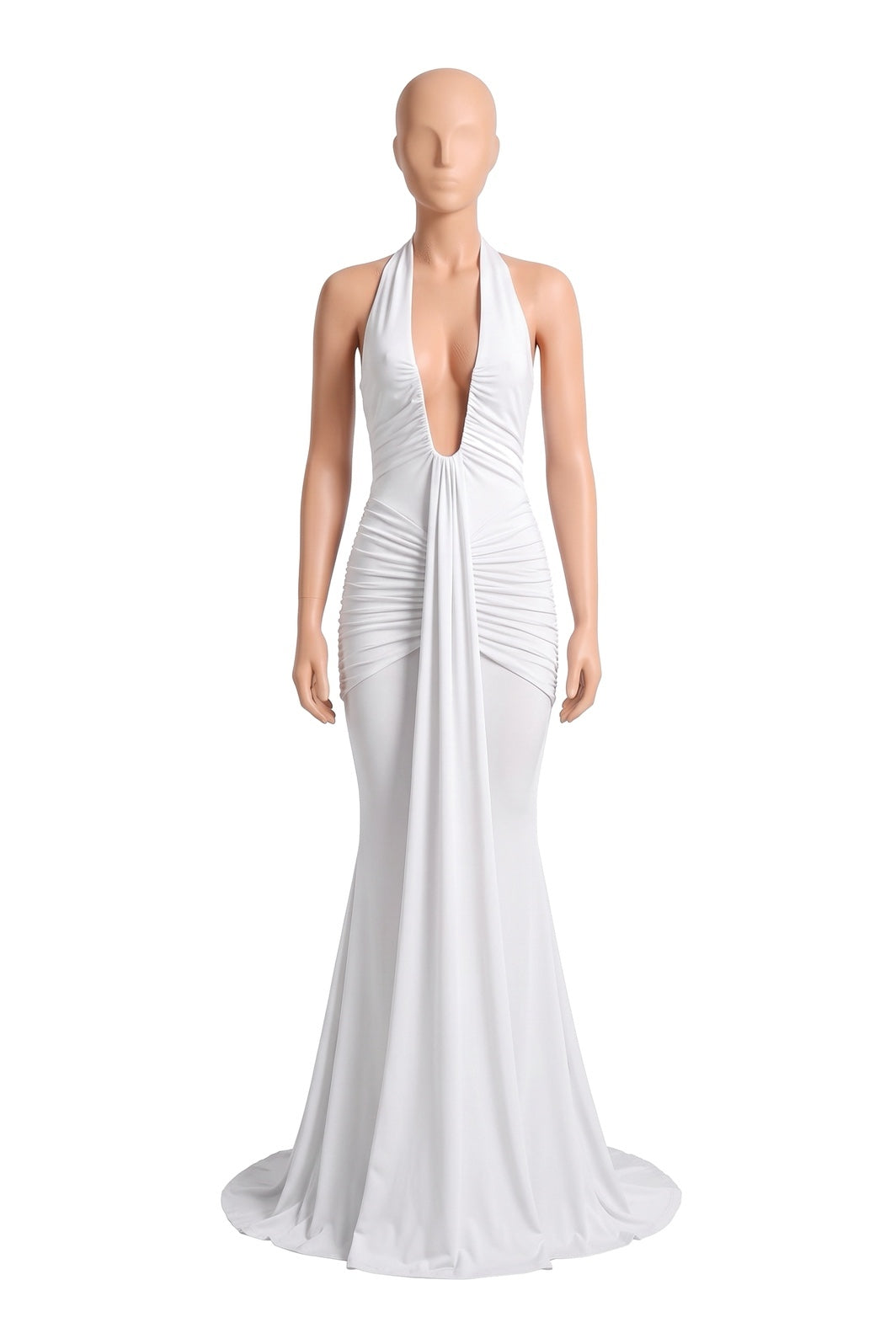 The Halter Mermaid Maxi Dress in white, shown on a display form