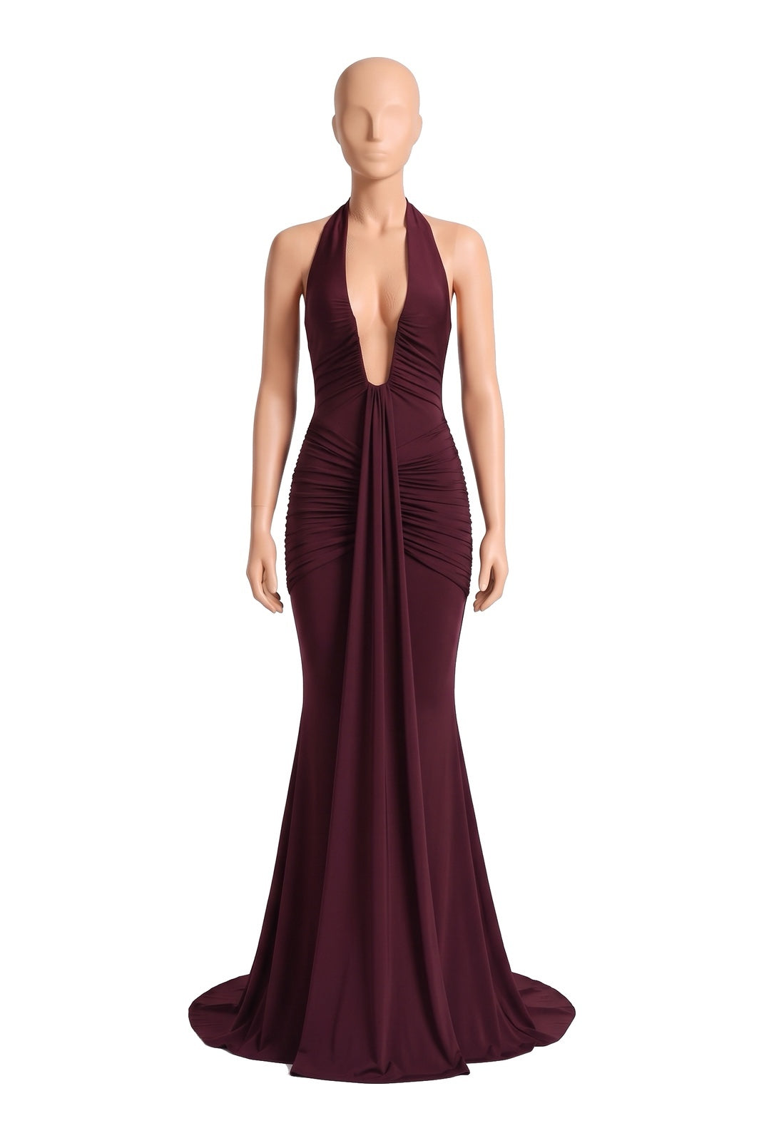 The Halter Mermaid Maxi Dress in wine, shown on a display form