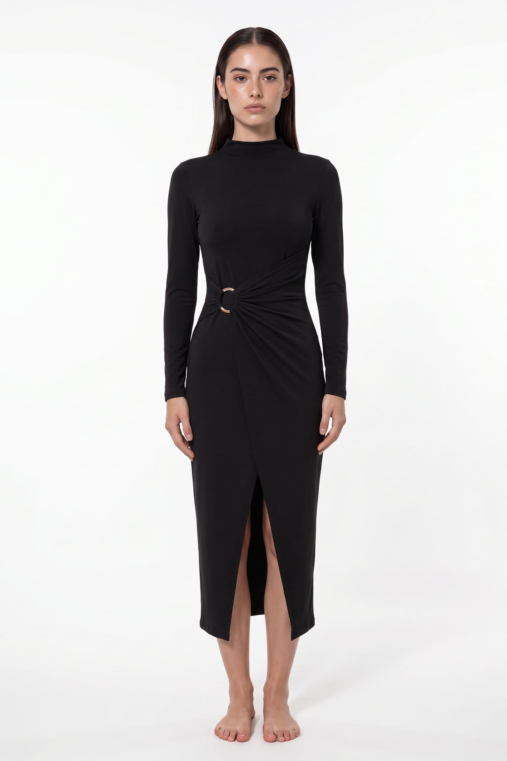 The Buckle Wrap Maxi Dress in black, front view