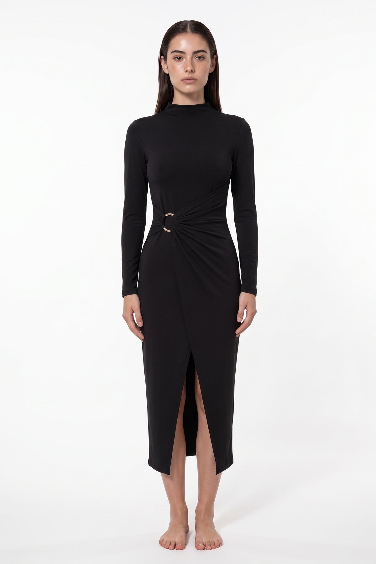 The Buckle Wrap Maxi Dress in black, front view