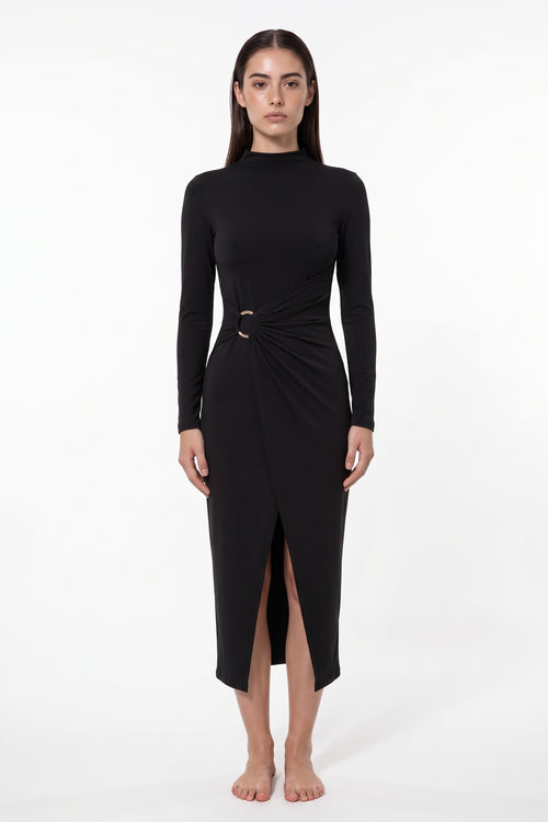 The Buckle Wrap Maxi Dress in black, front view