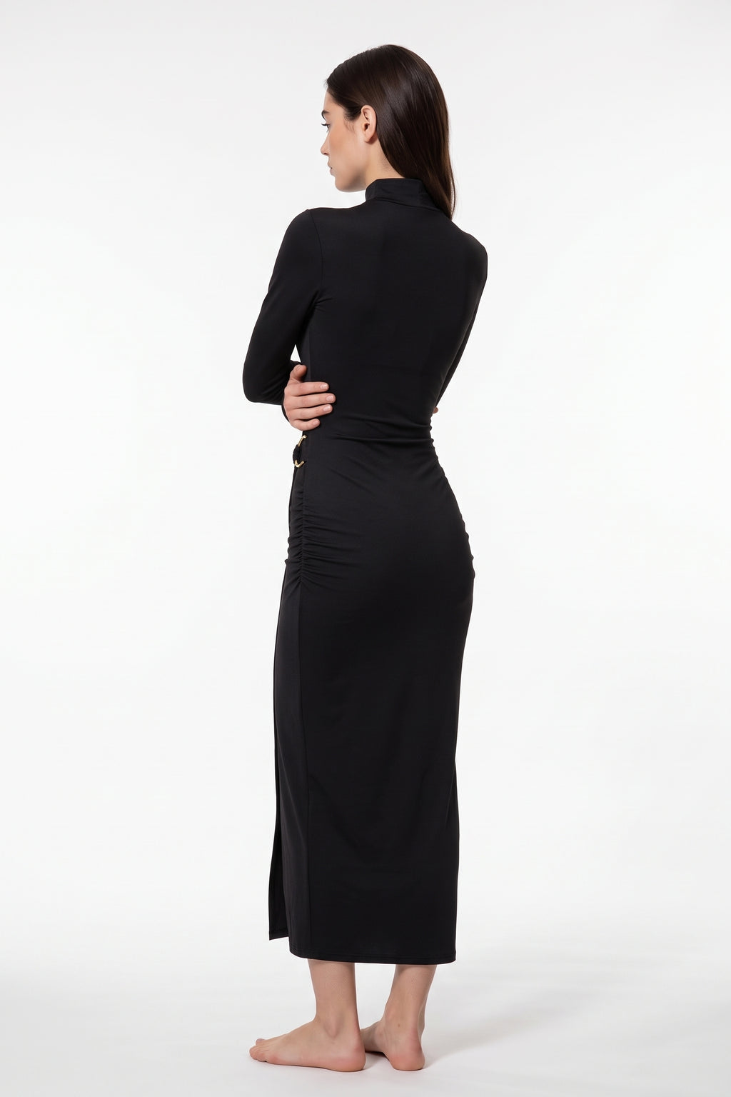 The Buckle Wrap Maxi Dress in black, back view