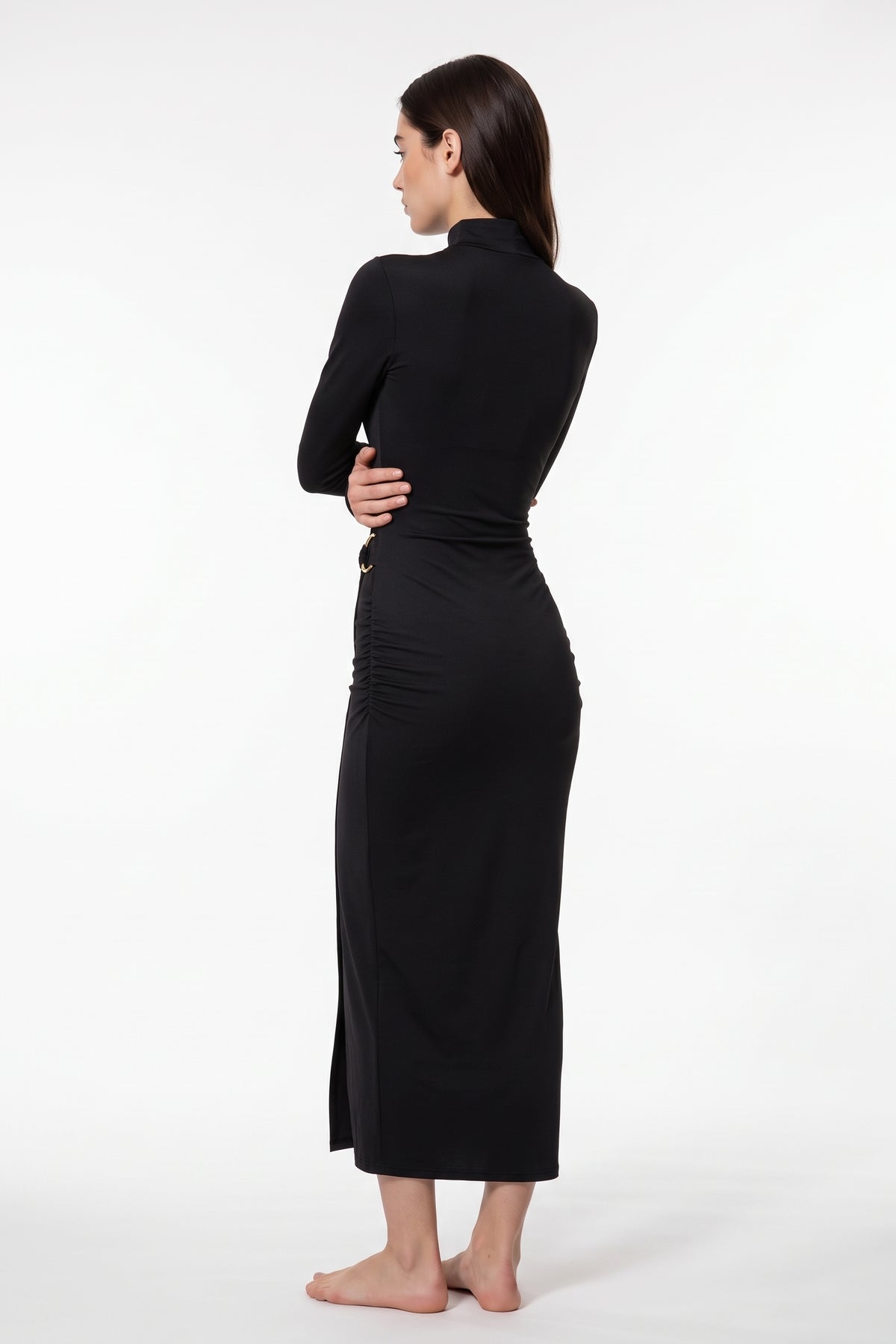 The Buckle Wrap Maxi Dress in black, back view