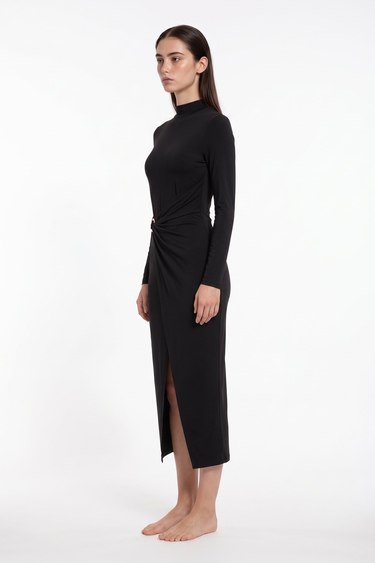 The Buckle Wrap Maxi Dress in black, side view