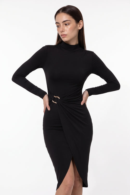 The Buckle Wrap Maxi Dress in black, three-quarter length view