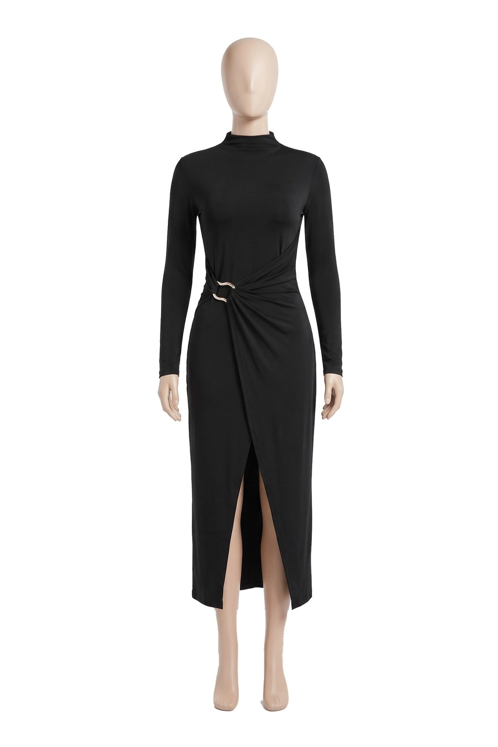 The Buckle Wrap Maxi Dress in black, shown on a display form