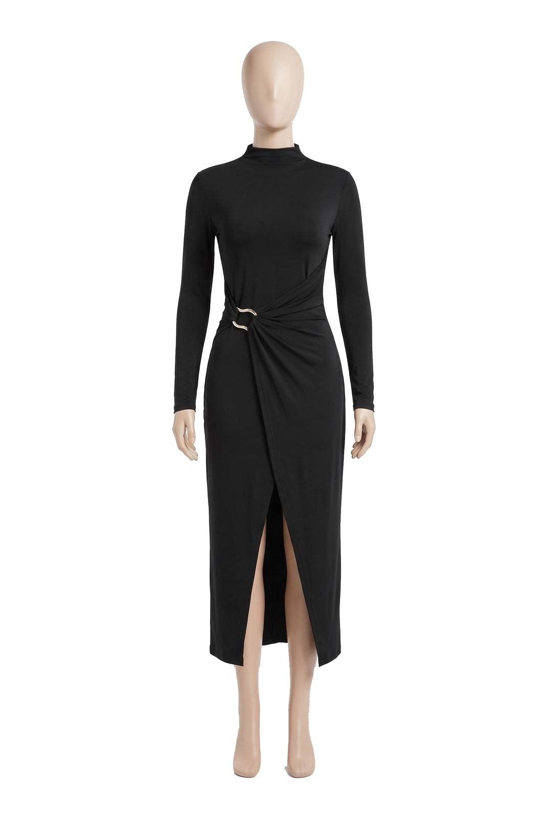 The Buckle Wrap Maxi Dress in black, shown on a display form