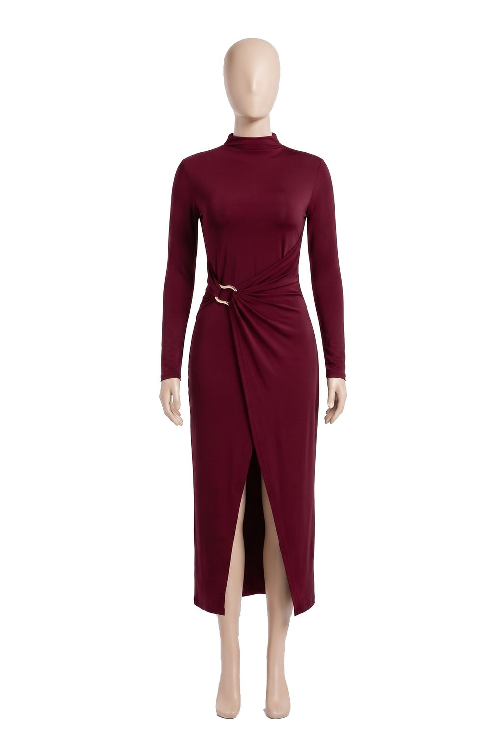 The Buckle Wrap Maxi Dress in red, shown on a display form