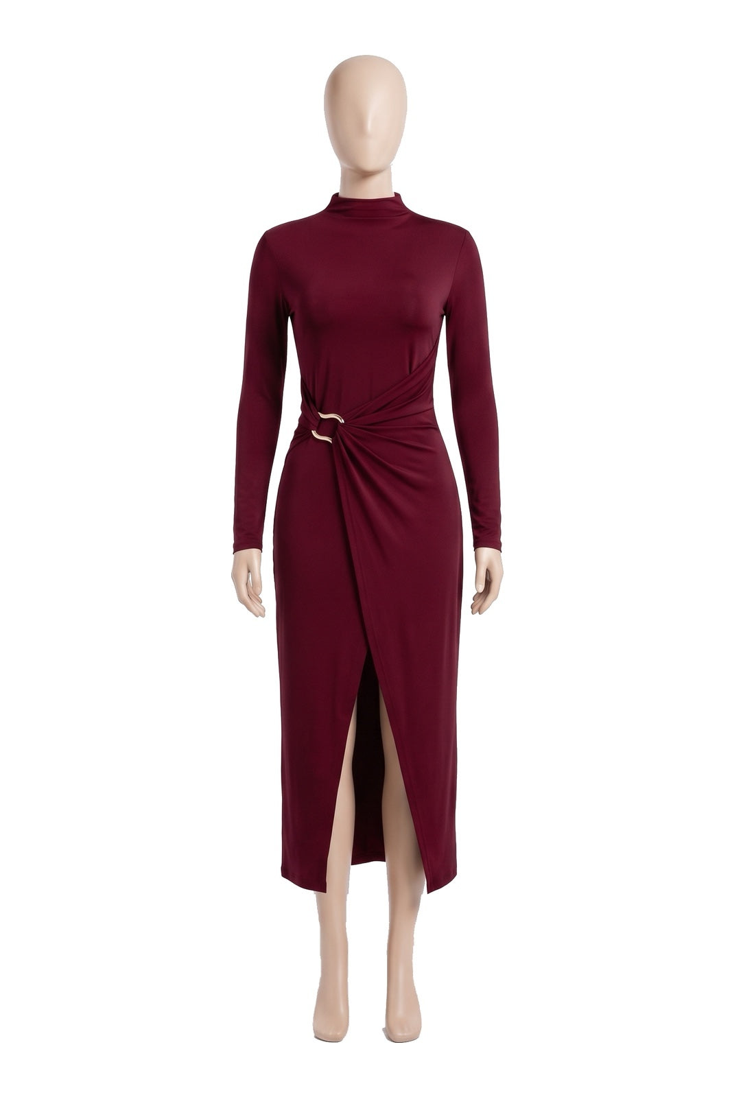 The Buckle Wrap Maxi Dress in red, shown on a display form