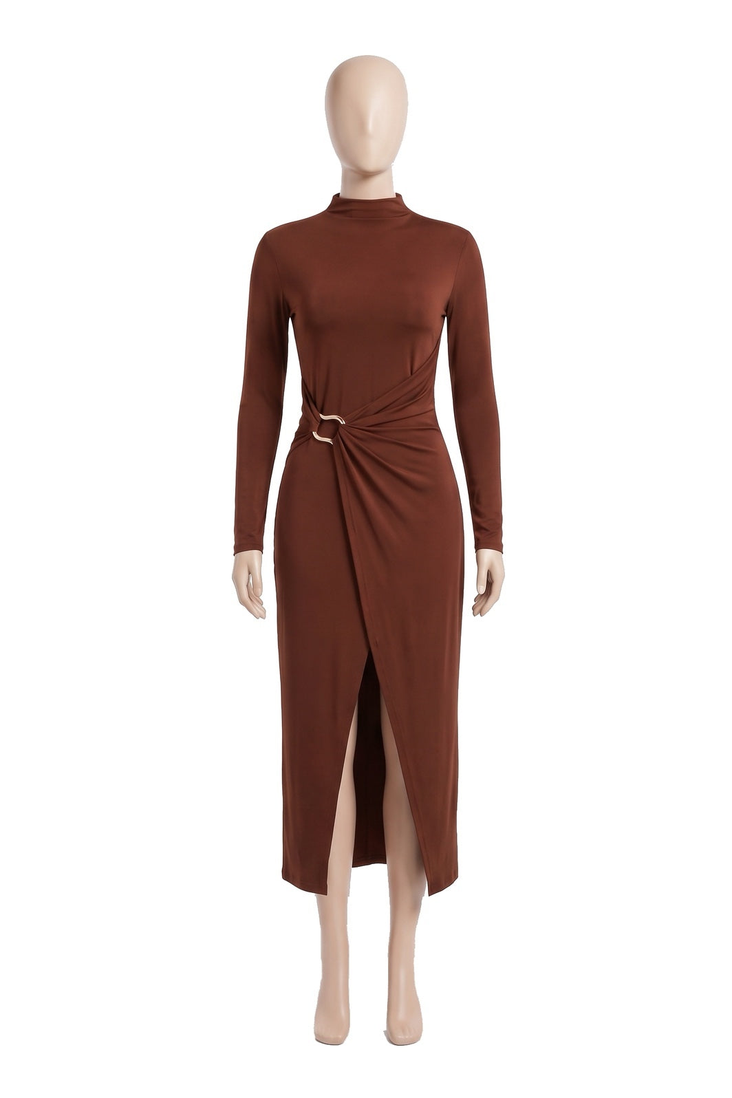 The Buckle Wrap Maxi Dress in wine, shown on a display form