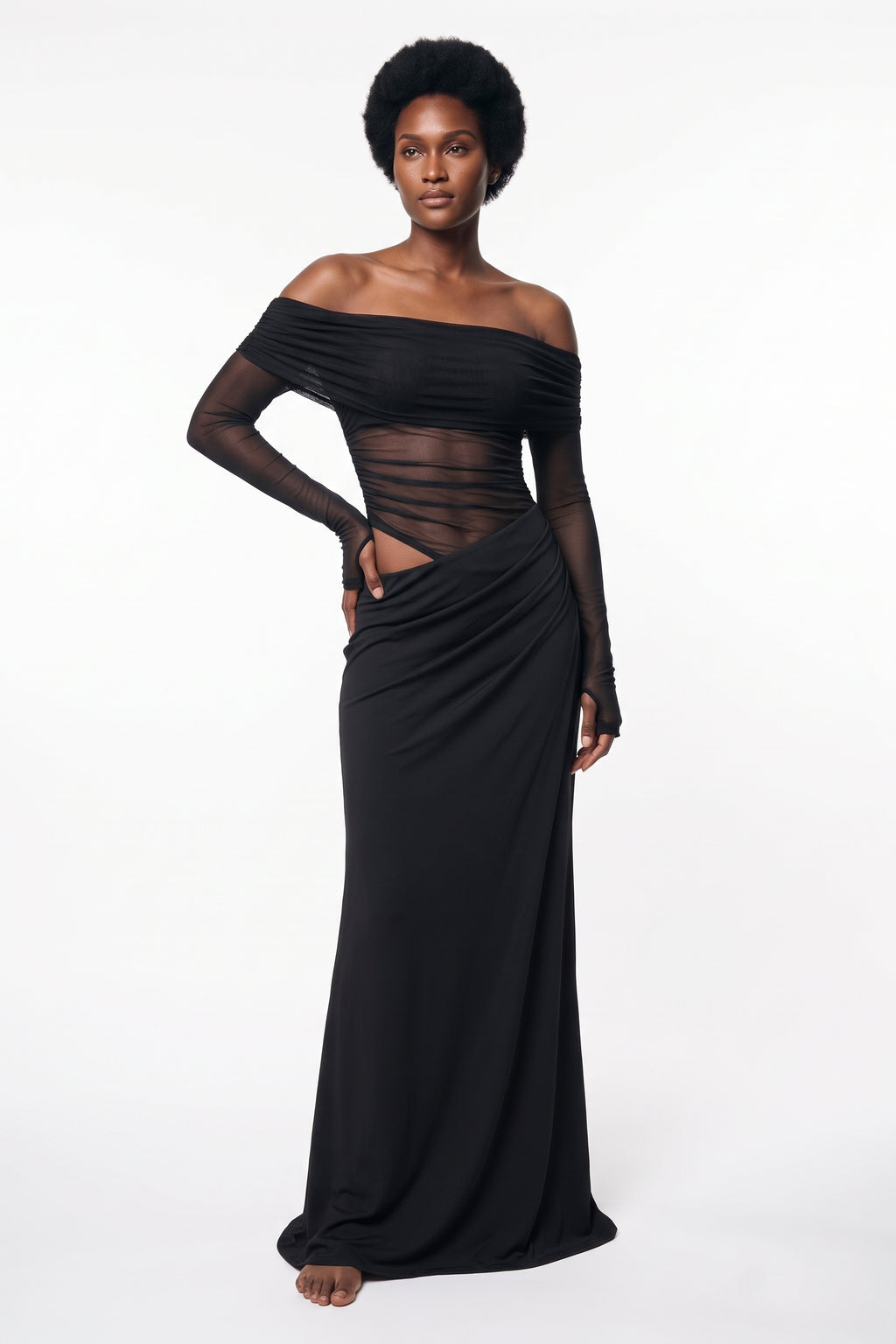 The Off-Shoulder Mesh Maxi Dress in black, front view