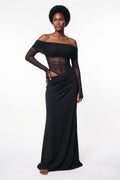 The Off-Shoulder Mesh Maxi Dress in black, front view