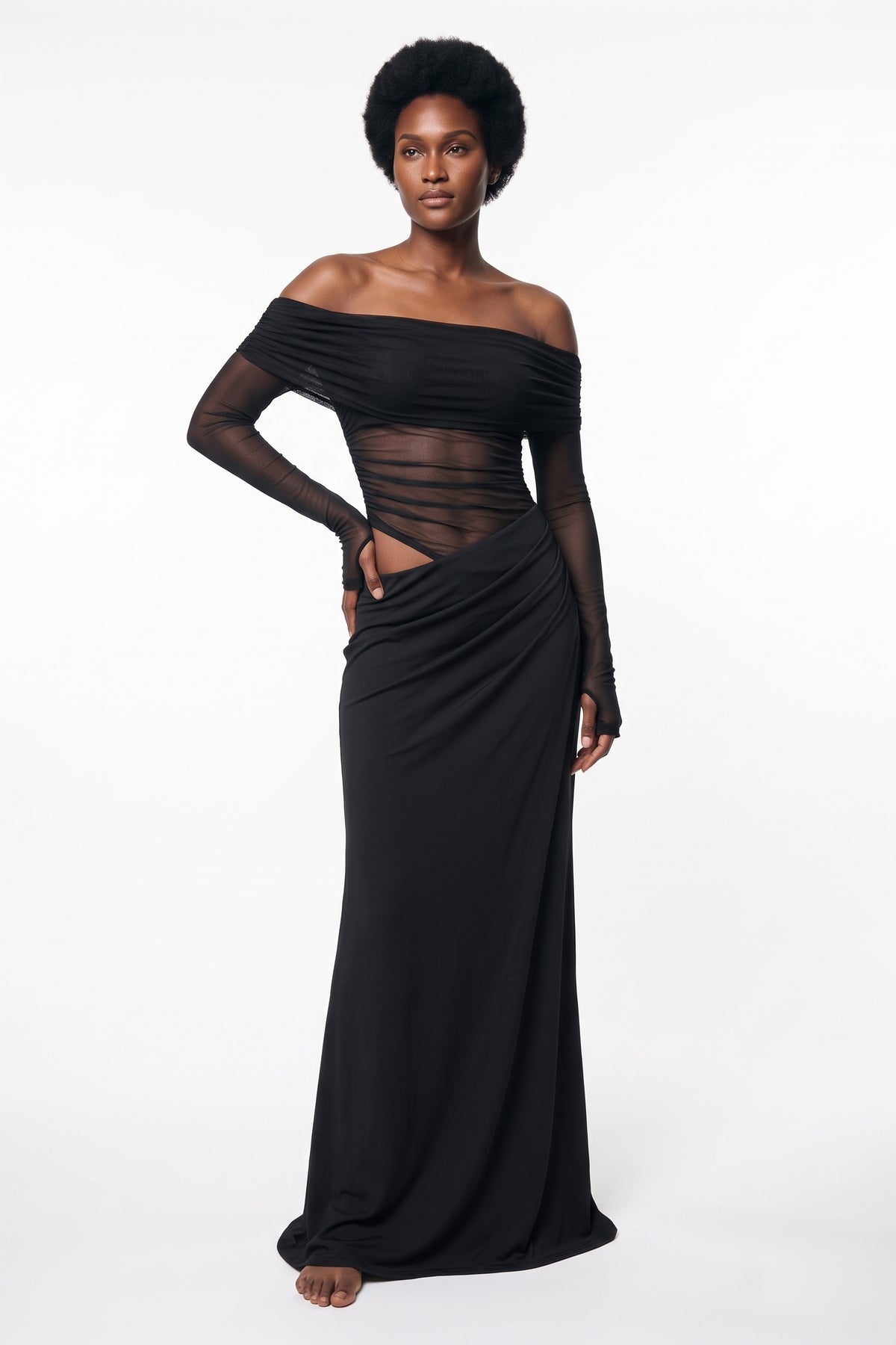 The Off-Shoulder Mesh Maxi Dress in black, front view