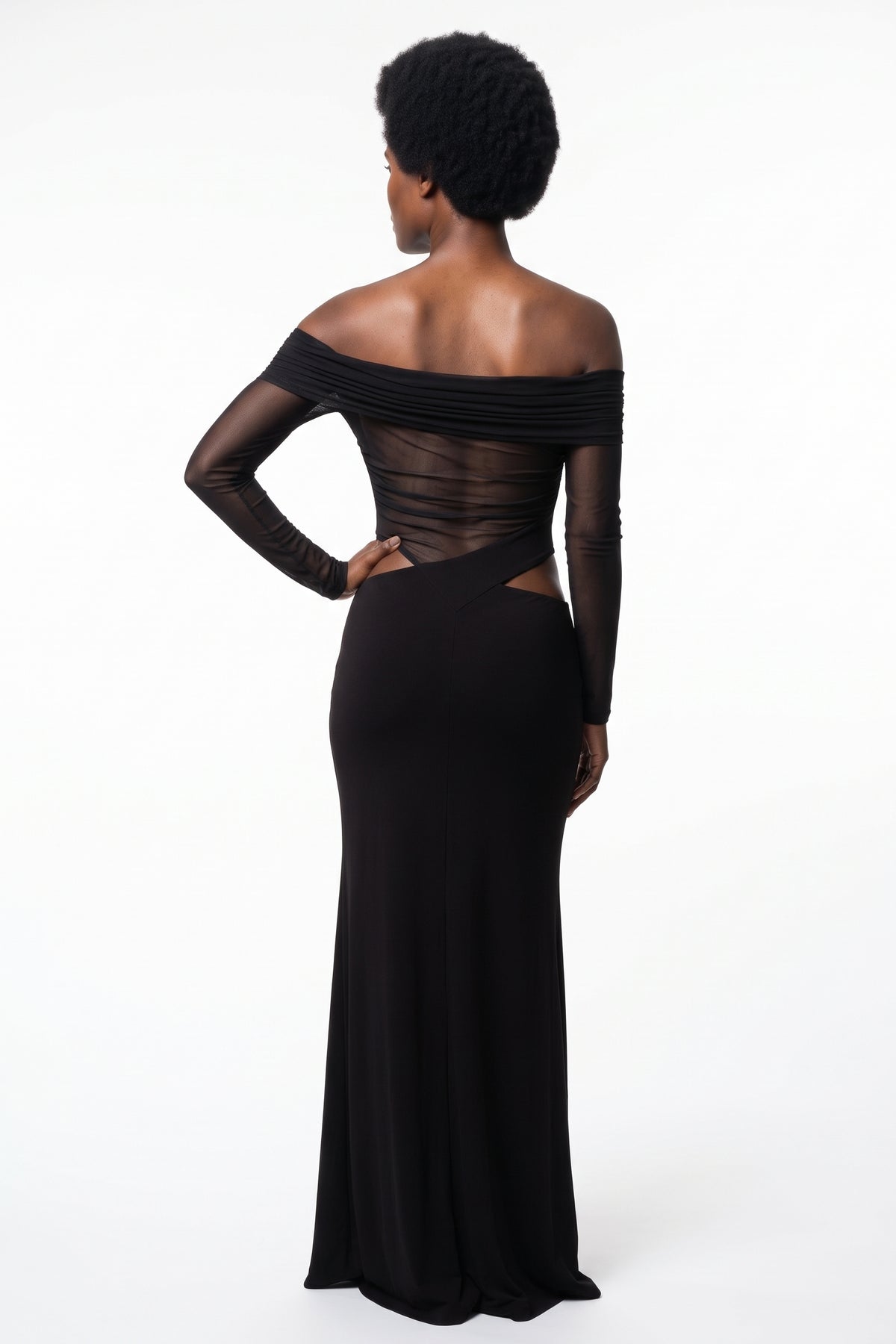 The Off-Shoulder Mesh Maxi Dress in black, back view