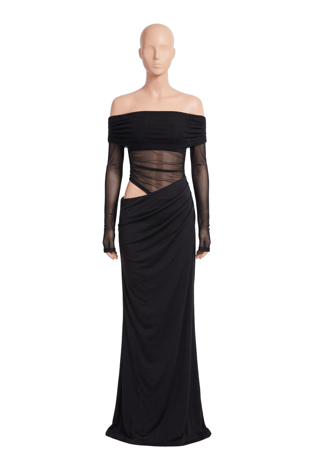 The Off-Shoulder Mesh Maxi Dress in black, shown on a display form