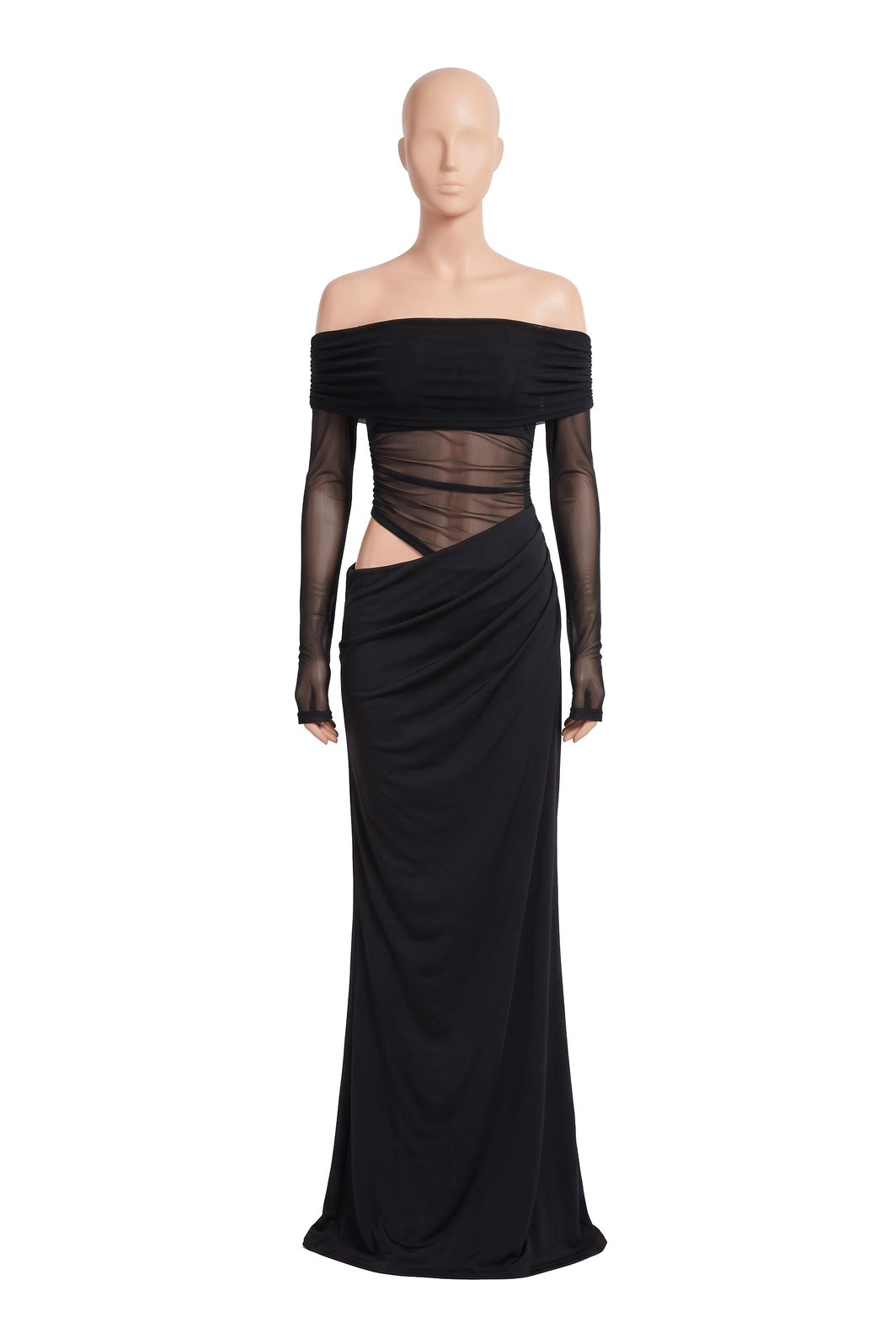 The Off-Shoulder Mesh Maxi Dress in black, shown on a display form