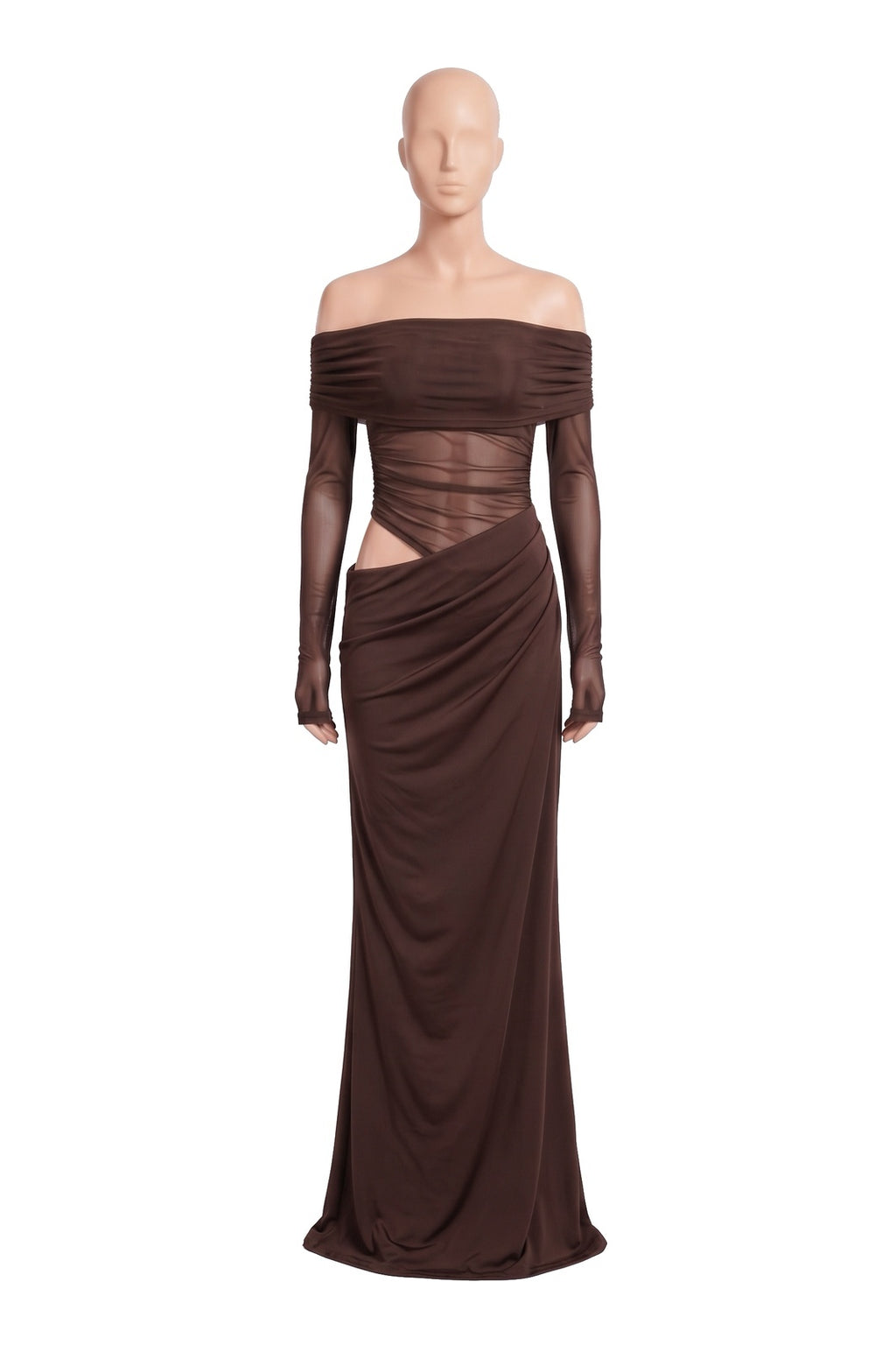 The Off-Shoulder Mesh Maxi Dress in brown, shown on a display form