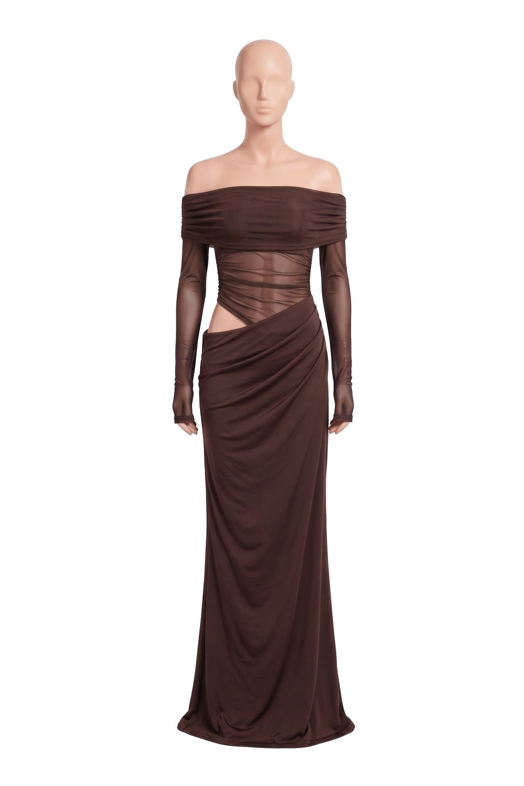 The Off-Shoulder Mesh Maxi Dress in brown, shown on a display form