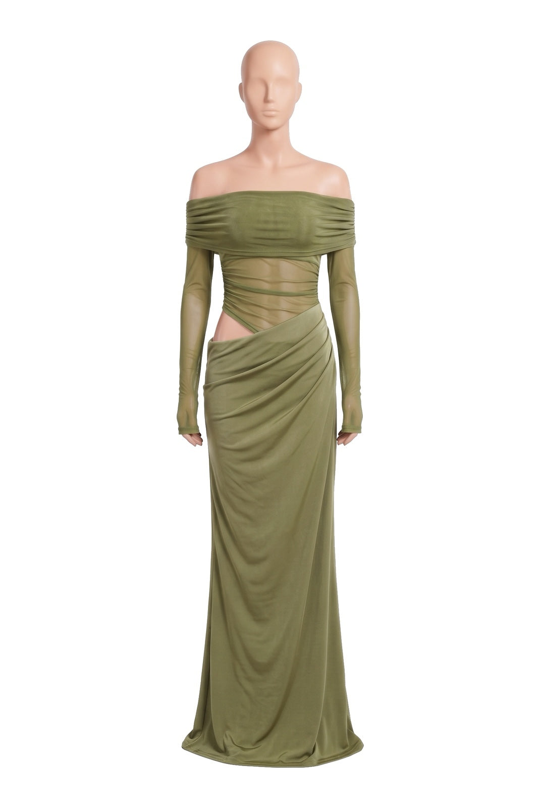 The Off-Shoulder Mesh Maxi Dress in green, shown on a display form