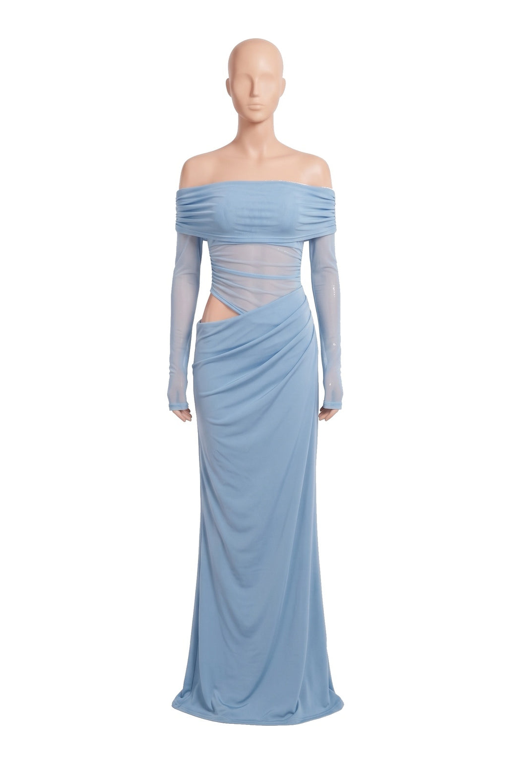 The Off-Shoulder Mesh Maxi Dress in light blue, shown on a display form