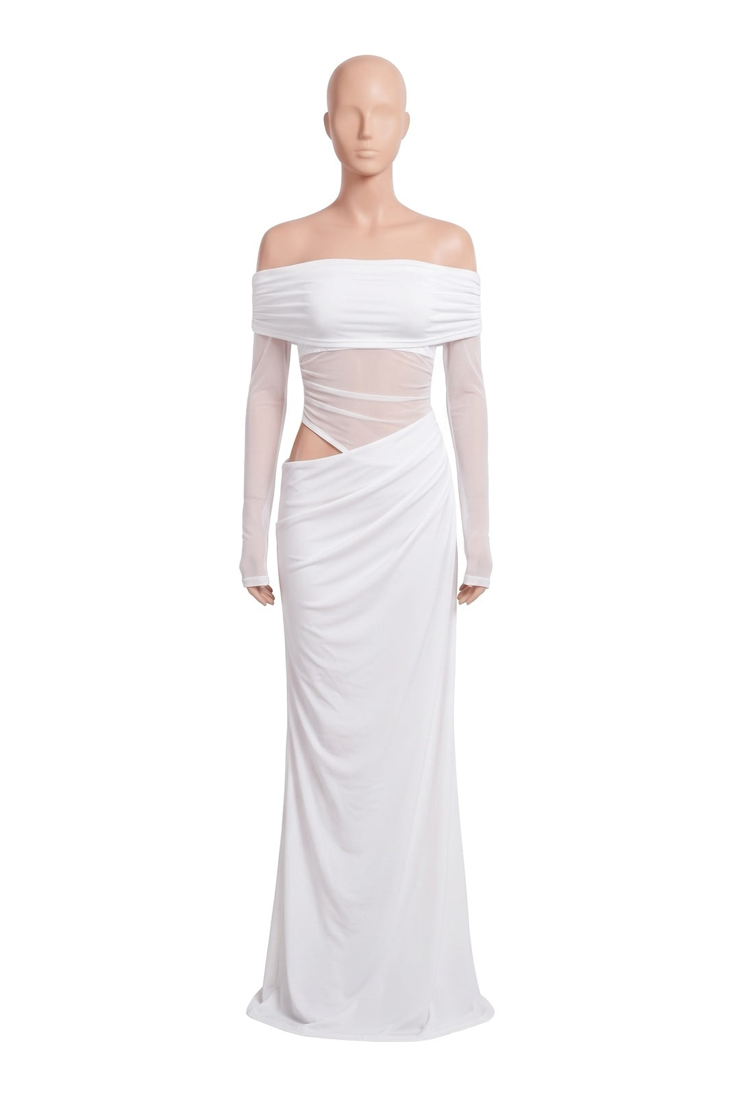 The Off-Shoulder Mesh Maxi Dress in white, shown on a display form