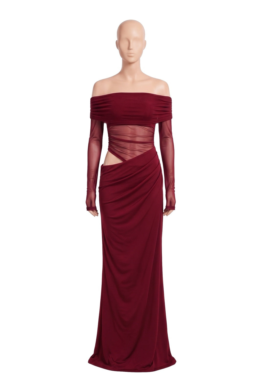 The Off-Shoulder Mesh Maxi Dress in wine, shown on a display form