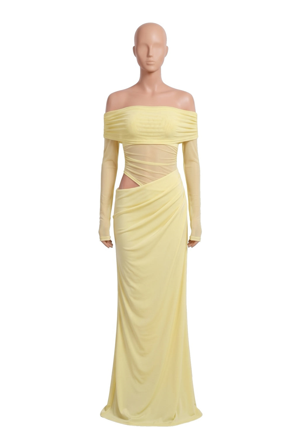 The Off-Shoulder Mesh Maxi Dress in yellow, shown on a display form
