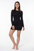 The Open-Back Mini Dress in black, front view
