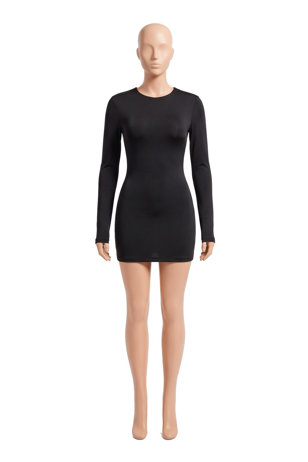 The Open-Back Mini Dress in black, shown on a display form
