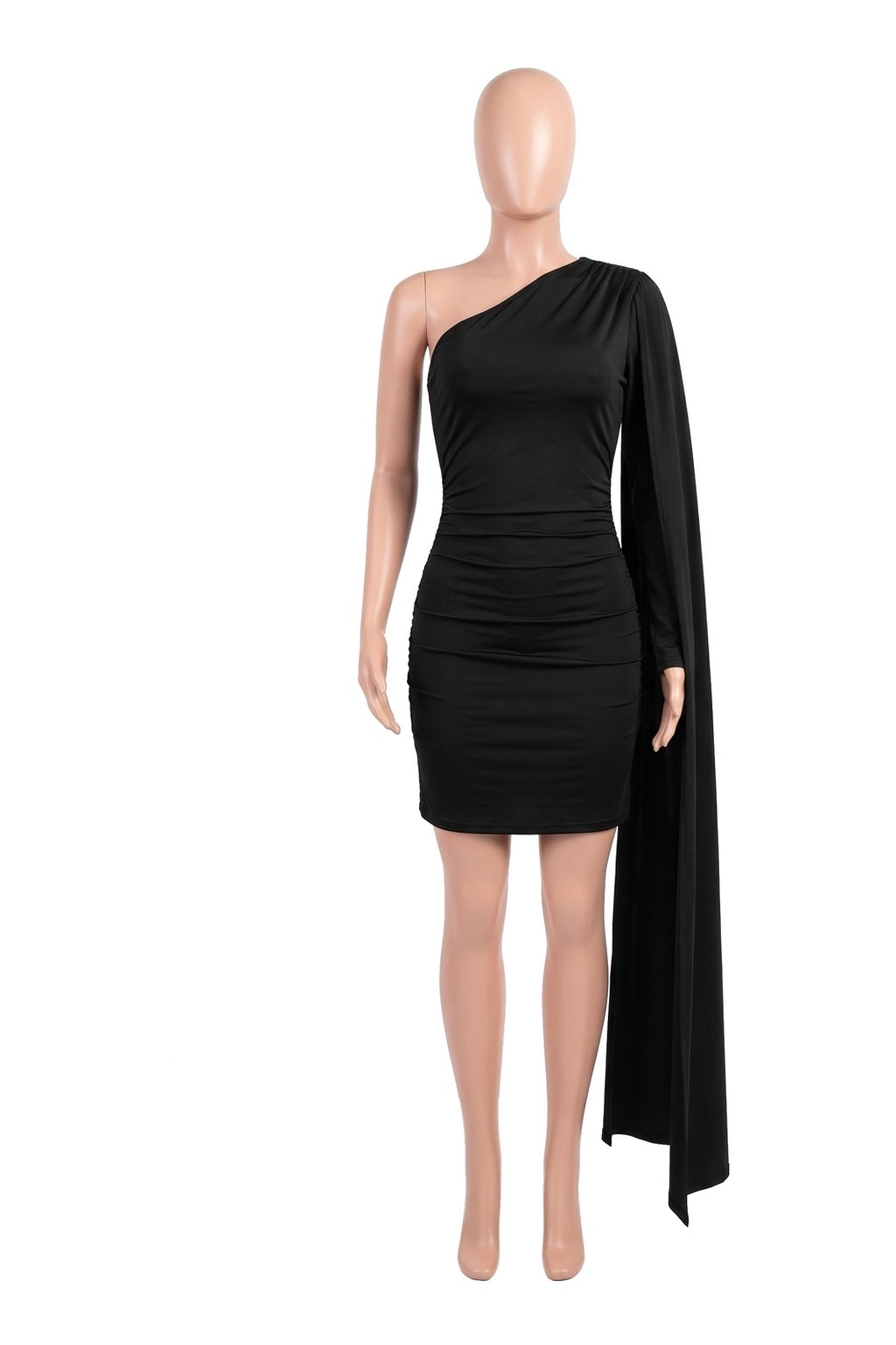 The Cape-Shoulder Mini Dress in black, shown on a display form