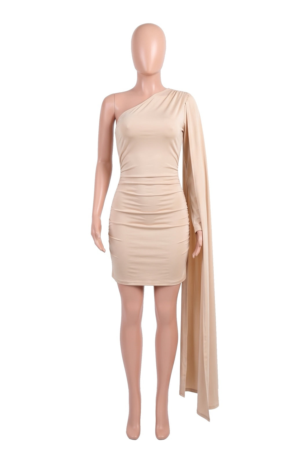 The Cape-Shoulder Mini Dress in nude, shown on a display form