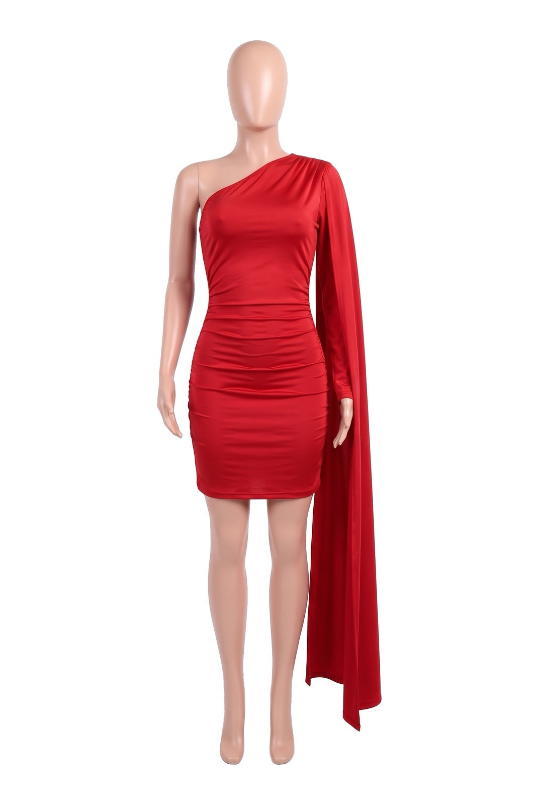 The Cape-Shoulder Mini Dress in red, shown on a display form