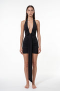 The Halter Sash Mini Dress in black, front view