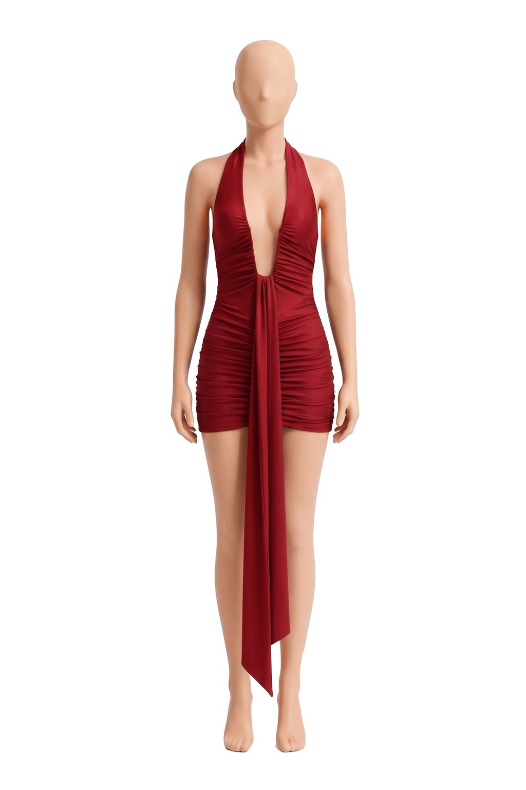 The Halter Sash Mini Dress in red, shown on a display form