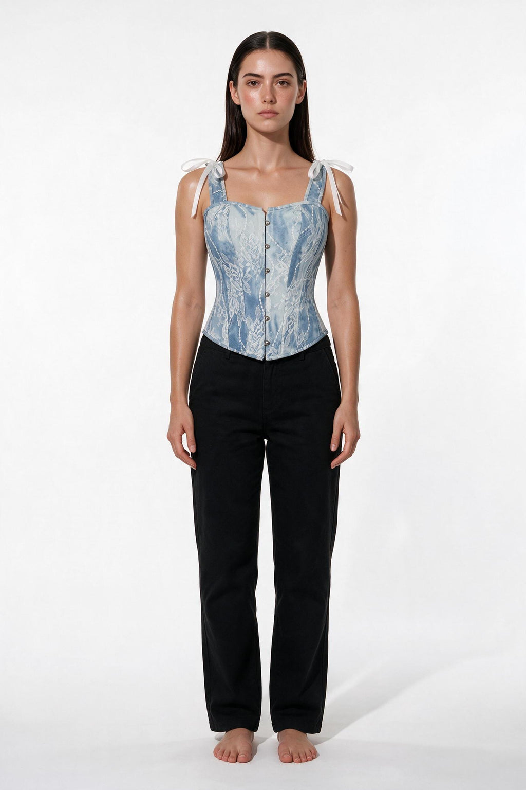 The Denim Lace Corset Top in light denim, front view