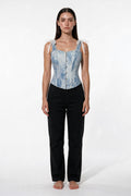 The Denim Lace Corset Top in light denim, front view