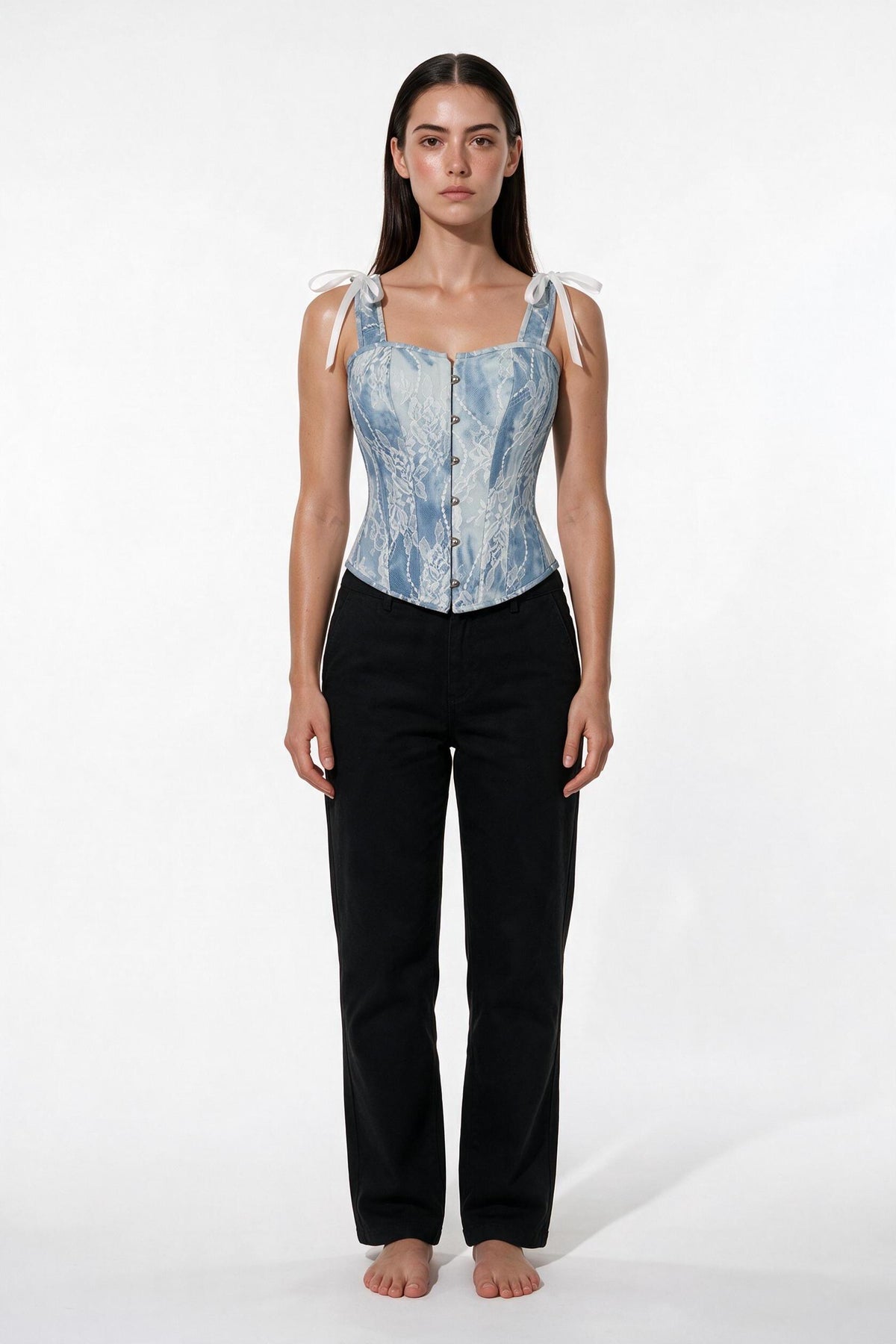The Denim Lace Corset Top in light denim, front view
