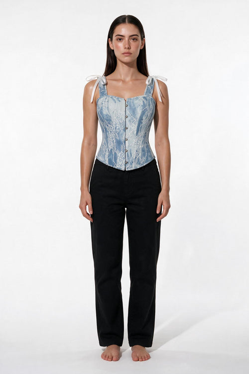 The Denim Lace Corset Top in light denim, front view