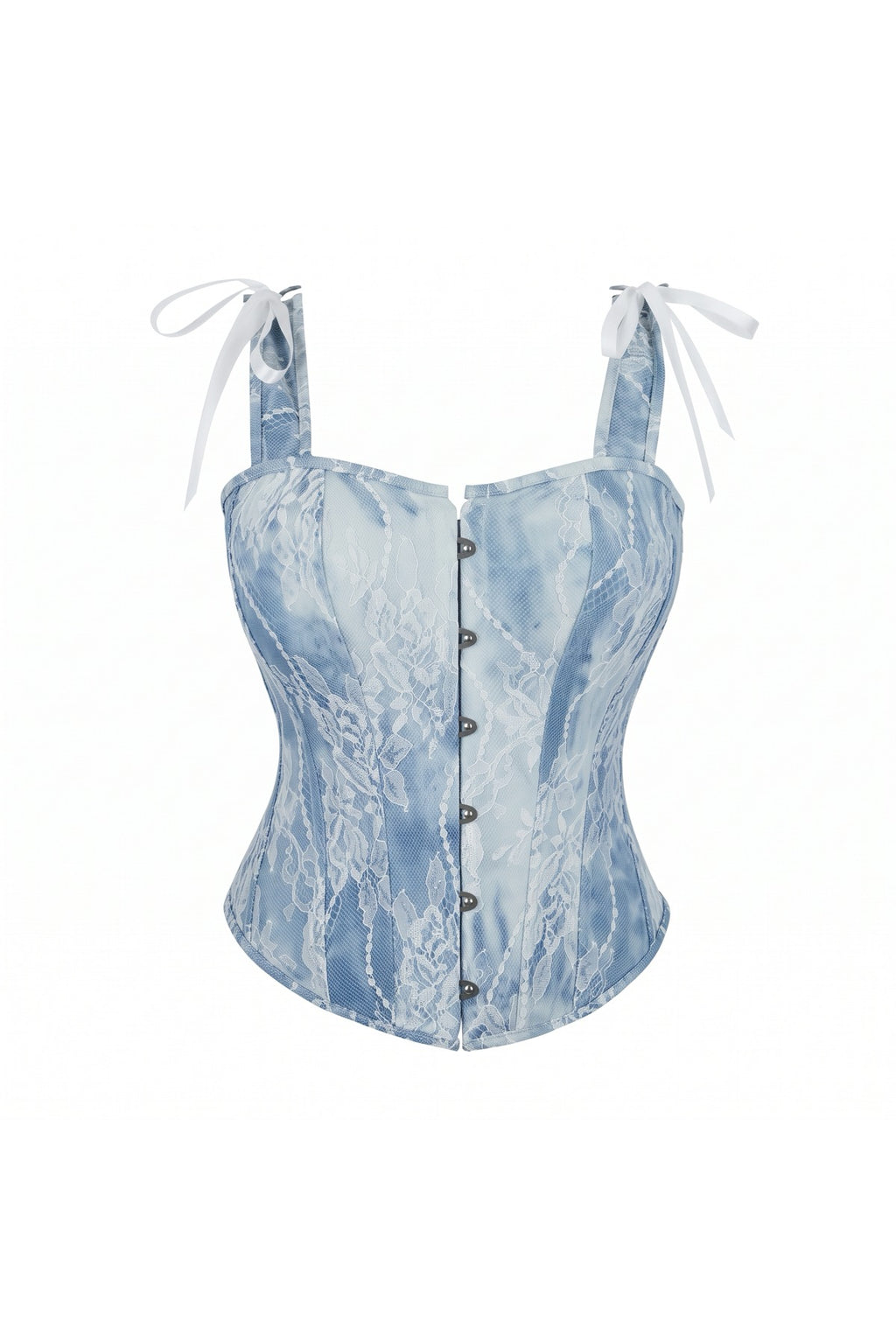 The Denim Lace Corset Top in light denim, product only
