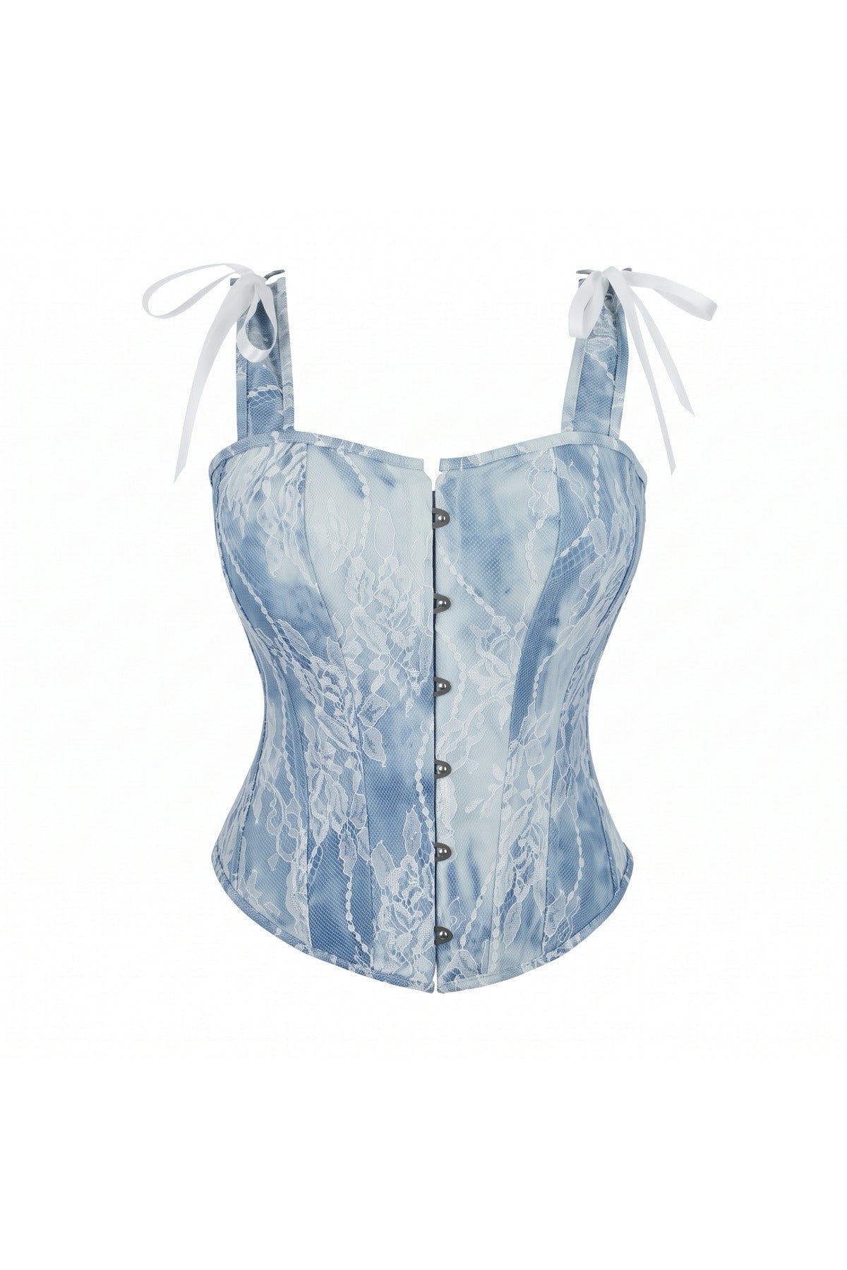 The Denim Lace Corset Top in light denim, product only