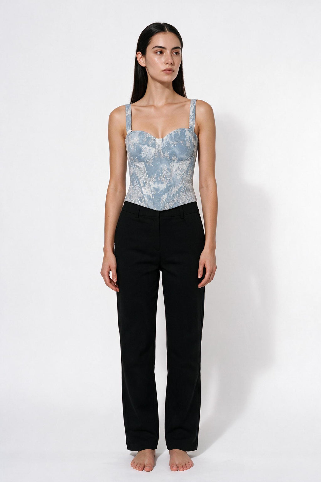 The Denim Lace Bustier in denim blue, front view